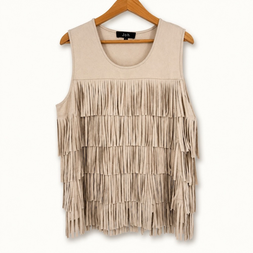 Joh Women Large Tank Top Beige Faux Suede Fringe Tiered Festival Western Cowgirl